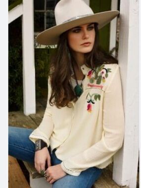 Double D Ranch Cream Blouse with Colorful Floral Embroidery